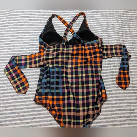 Motherhood Maternity Checkered One Piece Cross Strap Bathing Suit Orange Blue M - Picture 10 of 11